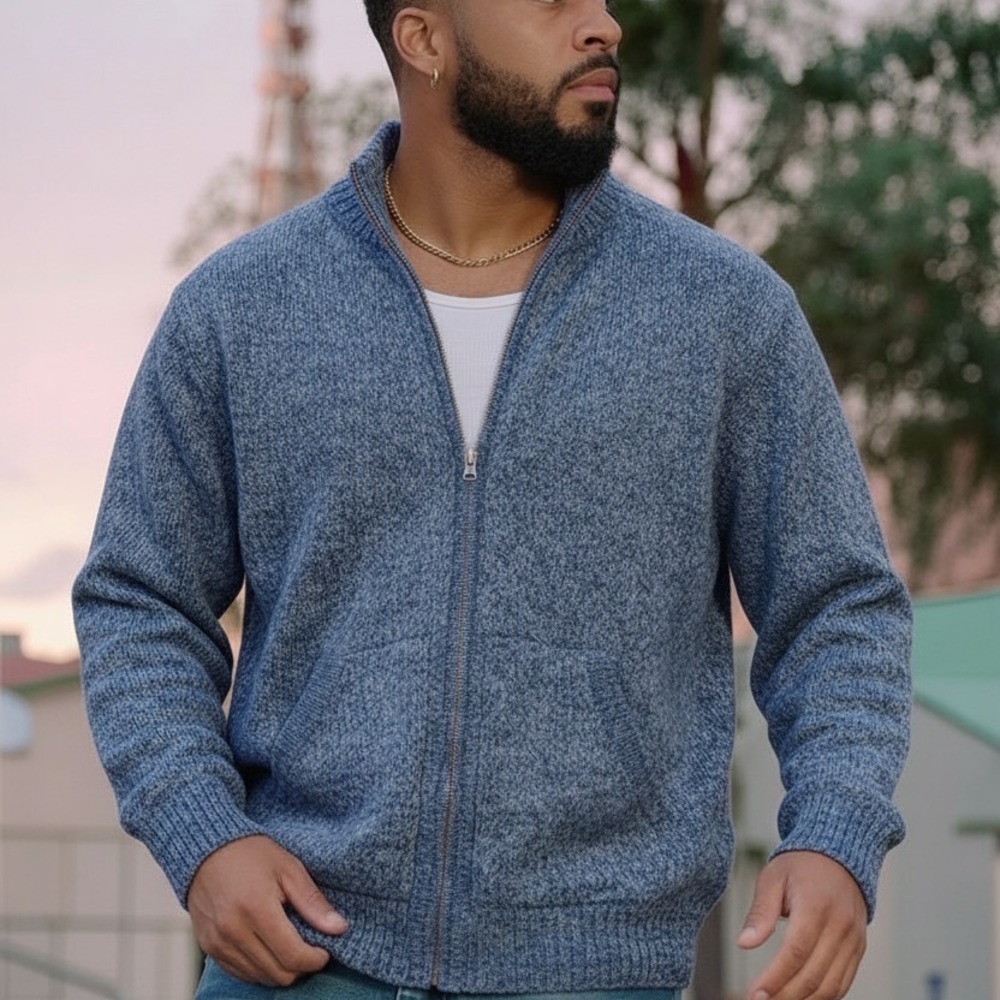 Peruvian Soul Baby Alpaca Cardigan Sweater Men L Full Zip Mock Neck Heather Navy
